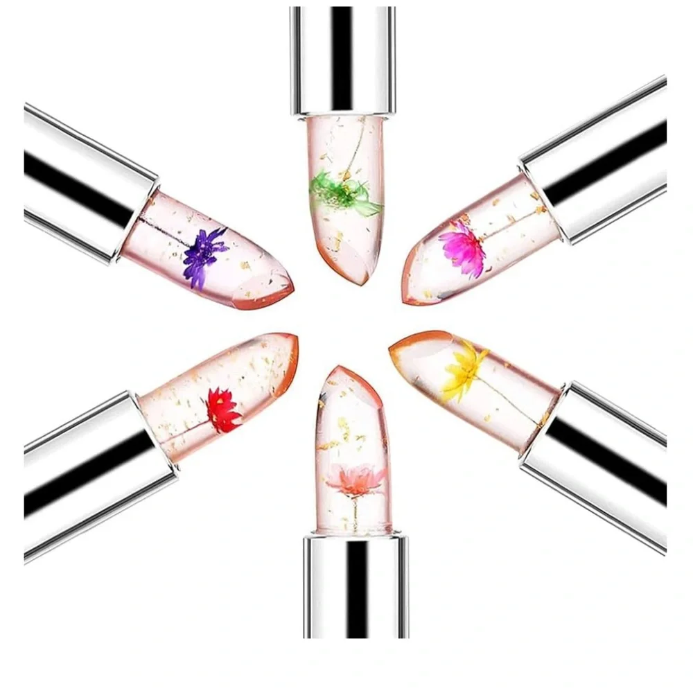 Pack of 6 Crystal Flower Jelly Lipstick, Long Lasting Lip Balm Moisturizer